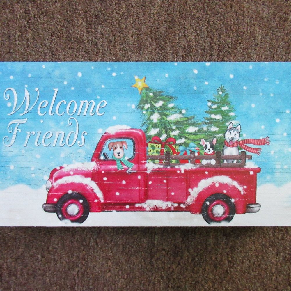 NEW Winter Welcome Friends red farmhouse truck dogs decoration block 10" x 5"